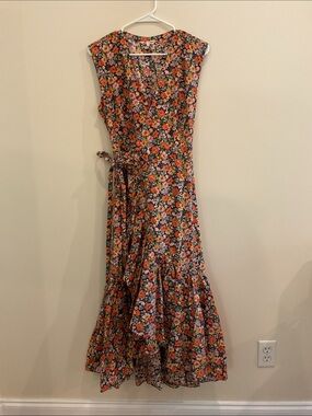Rebecca Taylor Black Floral Wrap Maxi with Pink & Orange Flowers